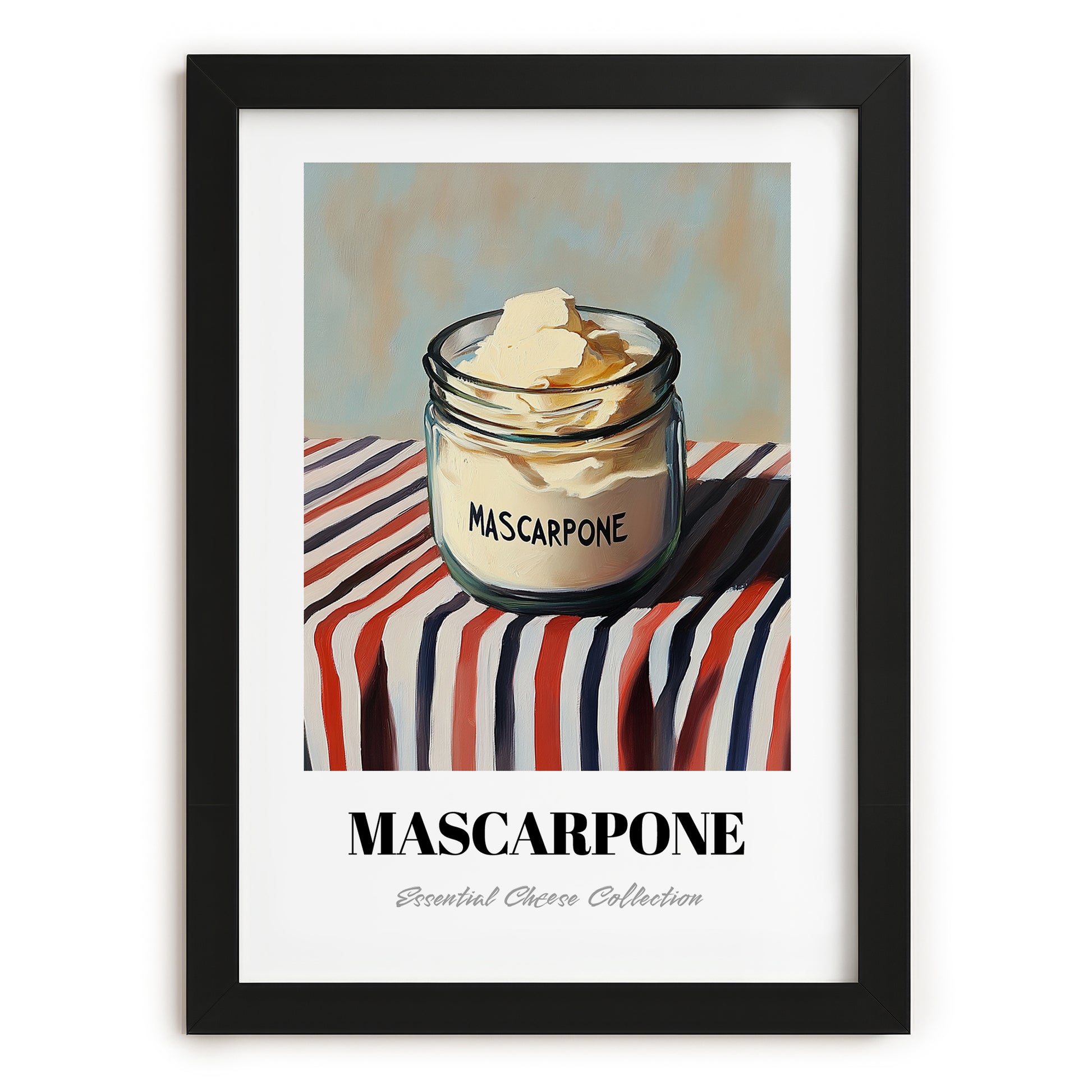 Mascarpone – on Striped Tablecloth, Cheese Print, in sleek black frame