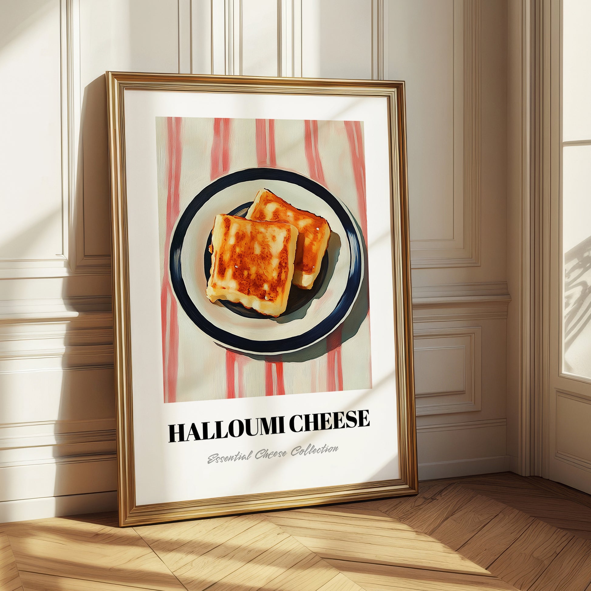 Halloumi – on Striped Tablecloth, Cheese Still Life