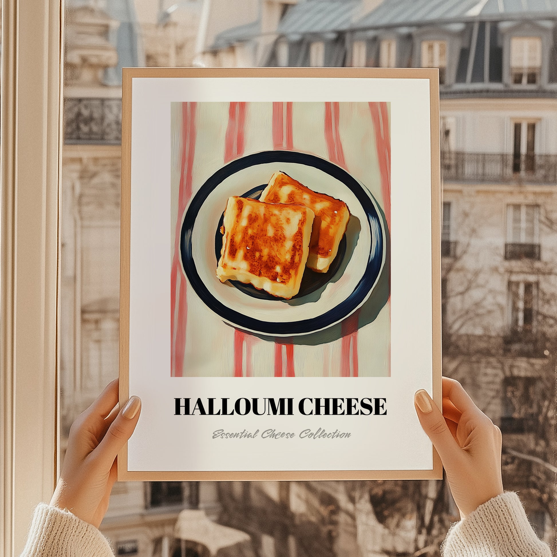Halloumi – on Striped Tablecloth, Cheese Still Life, styled in a charming Paris street view