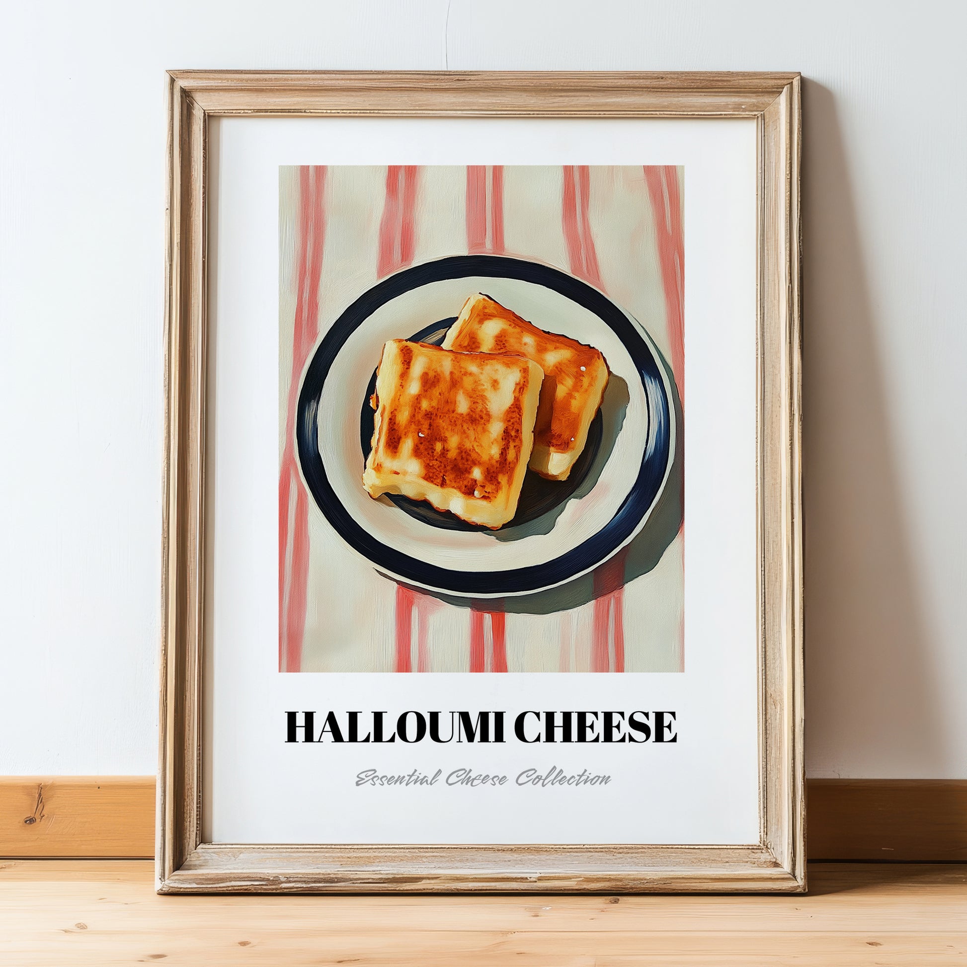 Halloumi – on Striped Tablecloth, Cheese Still Life, in wooden frame leaning on the floor