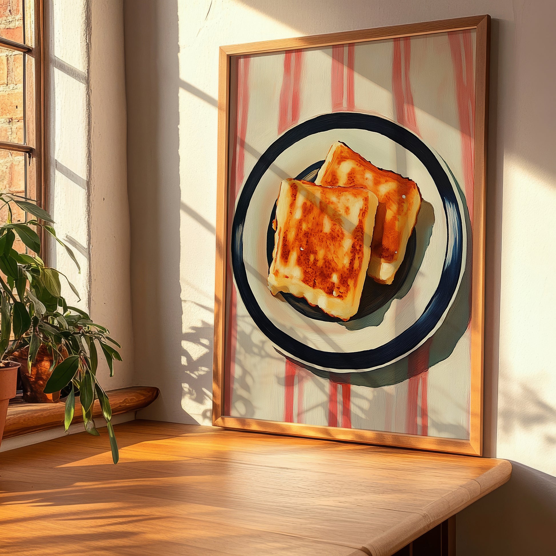 Halloumi – on Striped Tablecloth, Cheese Still Life, clean layout with no caption