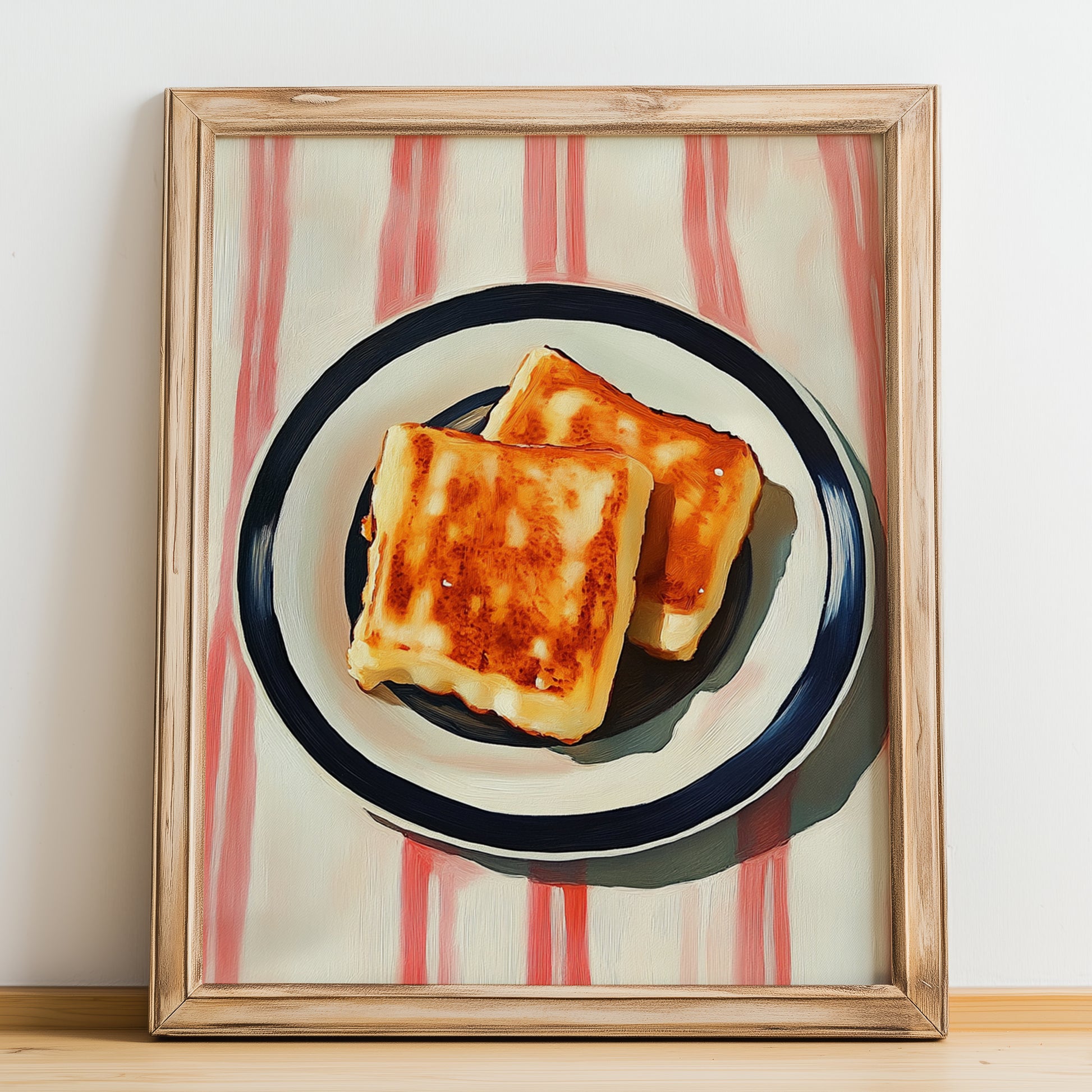 Halloumi – on Striped Tablecloth, Cheese Still Life, no-text version framed in wood