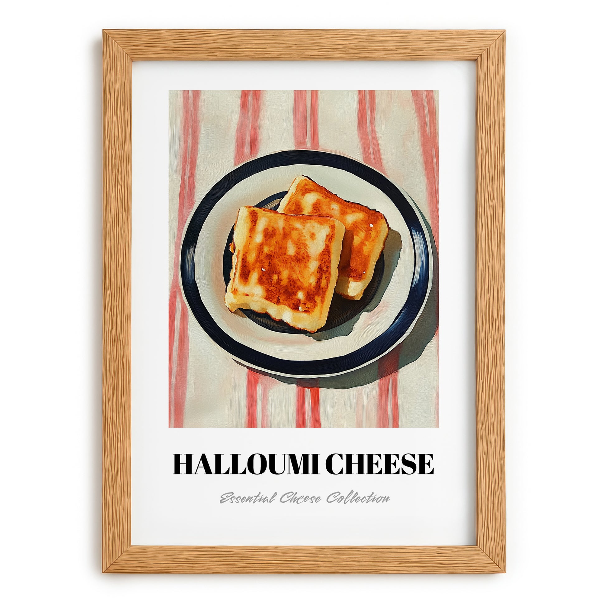 Halloumi – on Striped Tablecloth, Cheese Still Life, set in oak frame