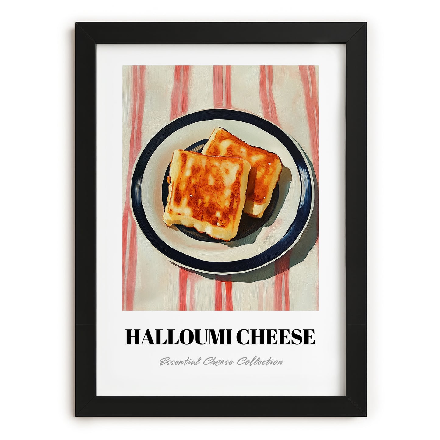 Halloumi – on Striped Tablecloth, Cheese Still Life, in sleek black frame