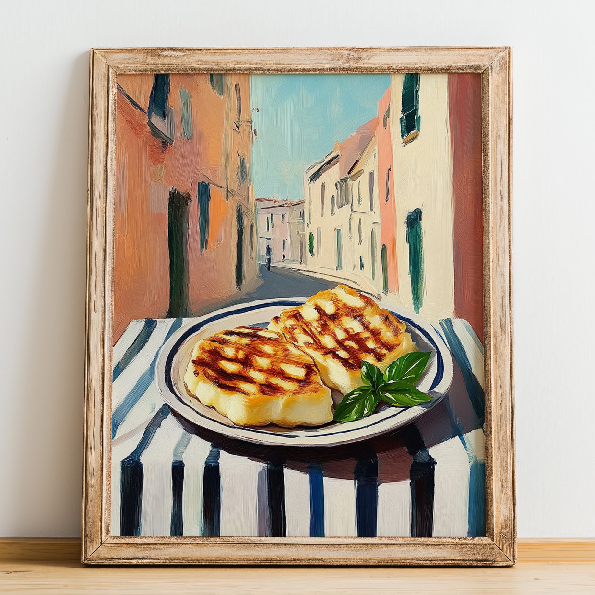 Halloumi – Italian Street Café Scene, Cheese Painting, no-text version framed in wood