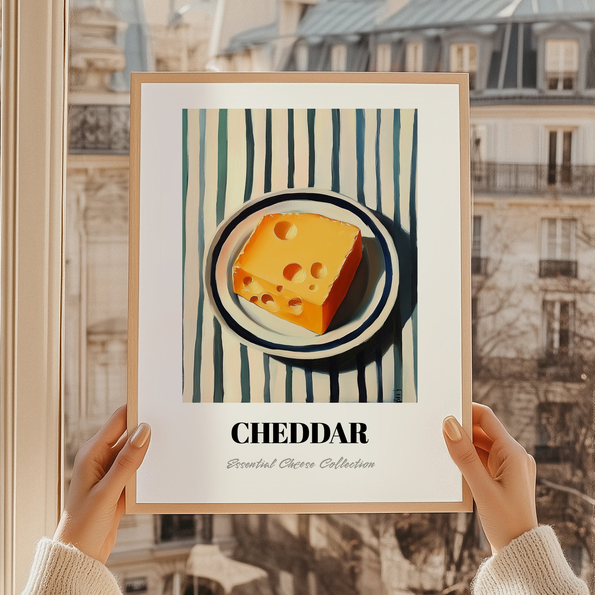 Cheddar – on Striped Tablecloth, Cheese Wall Painting, styled in a charming Paris street view
