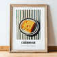 Cheddar – on Striped Tablecloth, Cheese Wall Painting, in wooden frame leaning on the floor