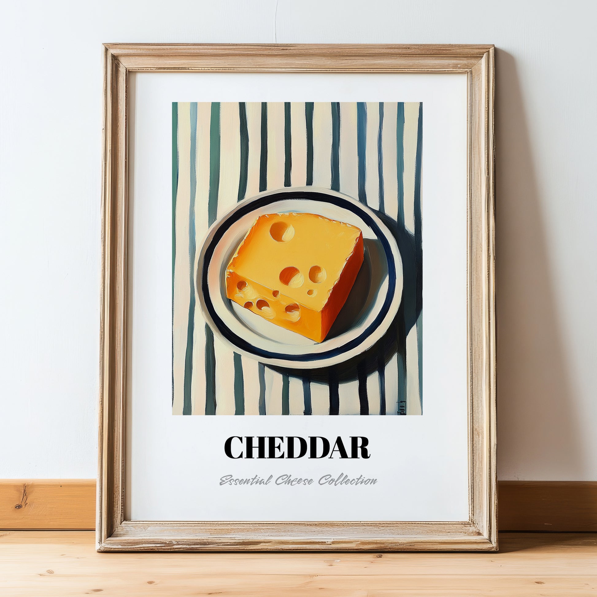 Cheddar – on Striped Tablecloth, Cheese Wall Painting, in wooden frame leaning on the floor