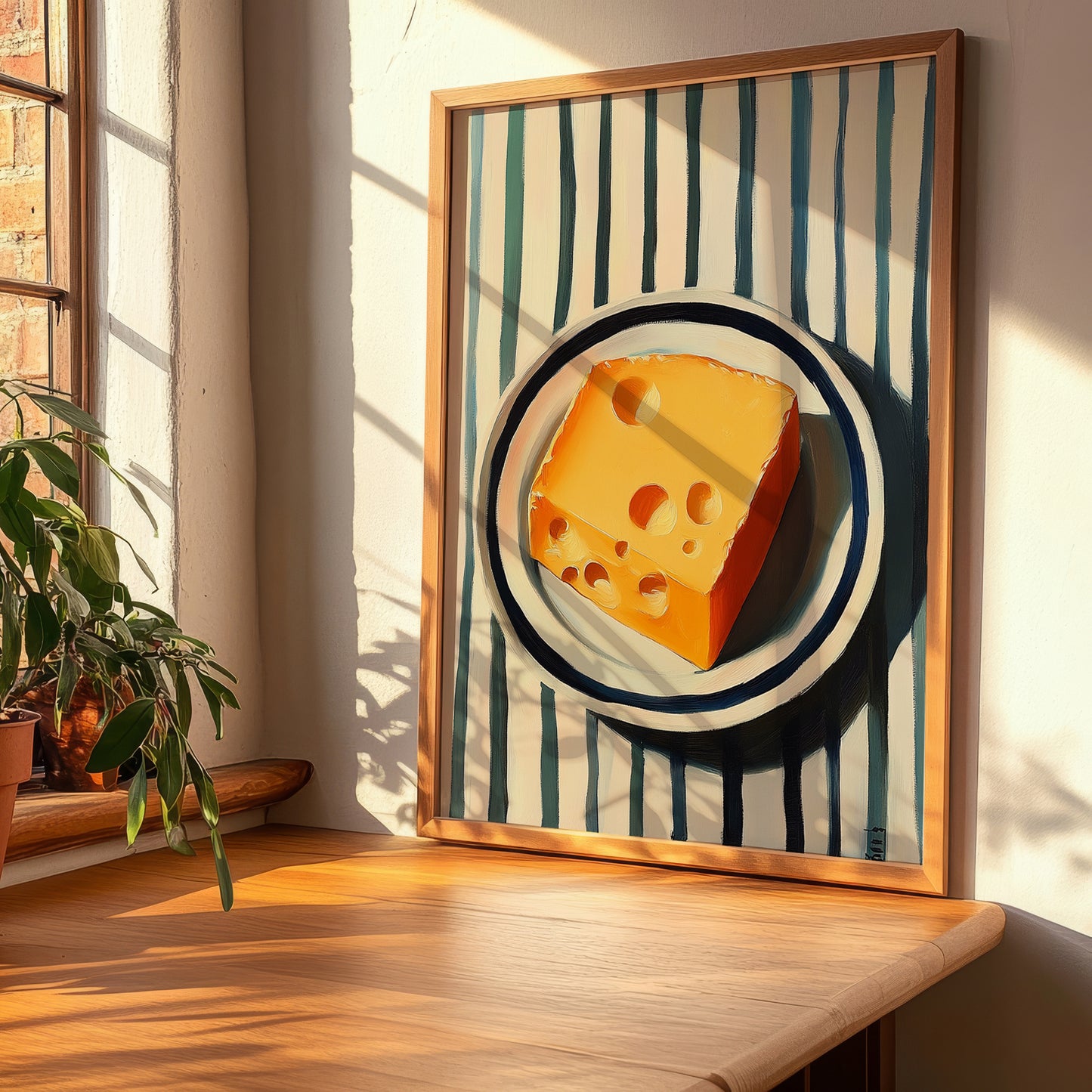 Cheddar – on Striped Tablecloth, Cheese Wall Painting, clean layout with no caption