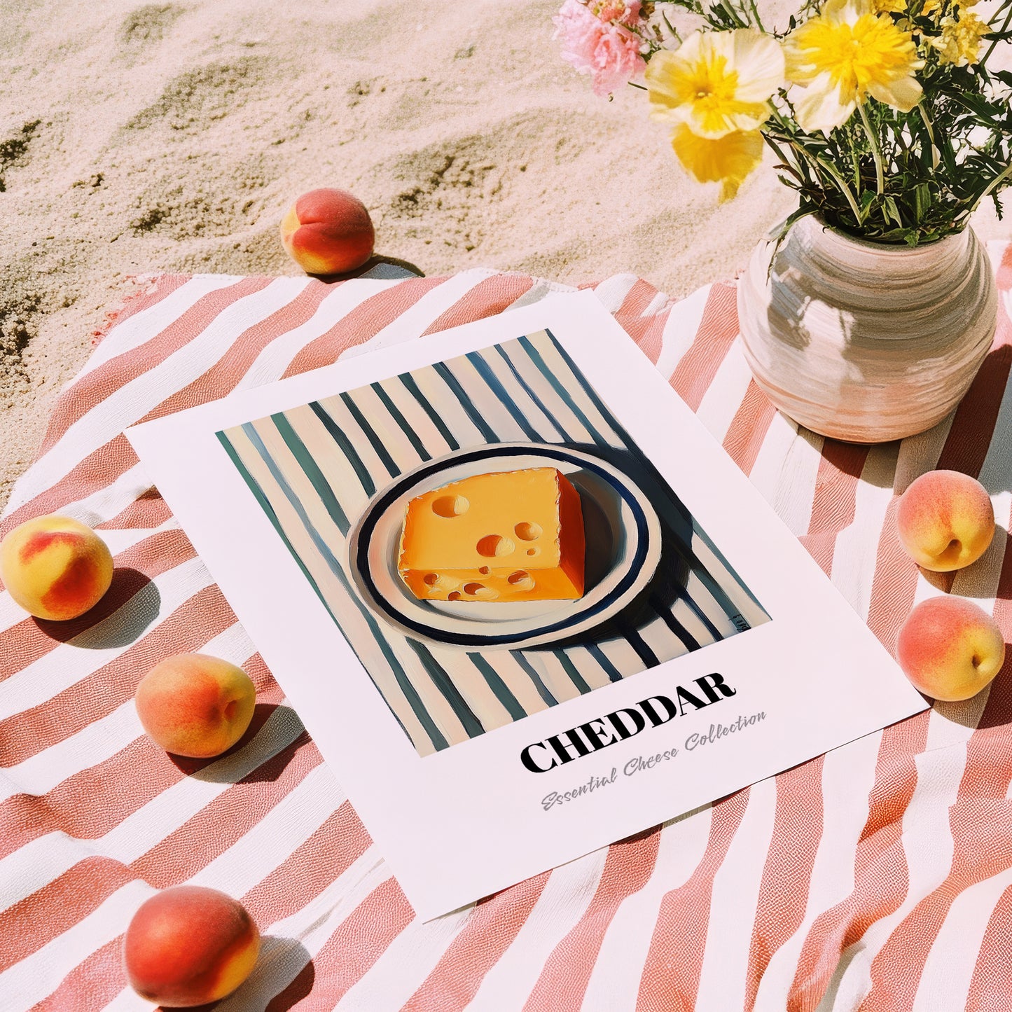 Cheddar – on Striped Tablecloth, Cheese Wall Painting, unframed on coastal sand