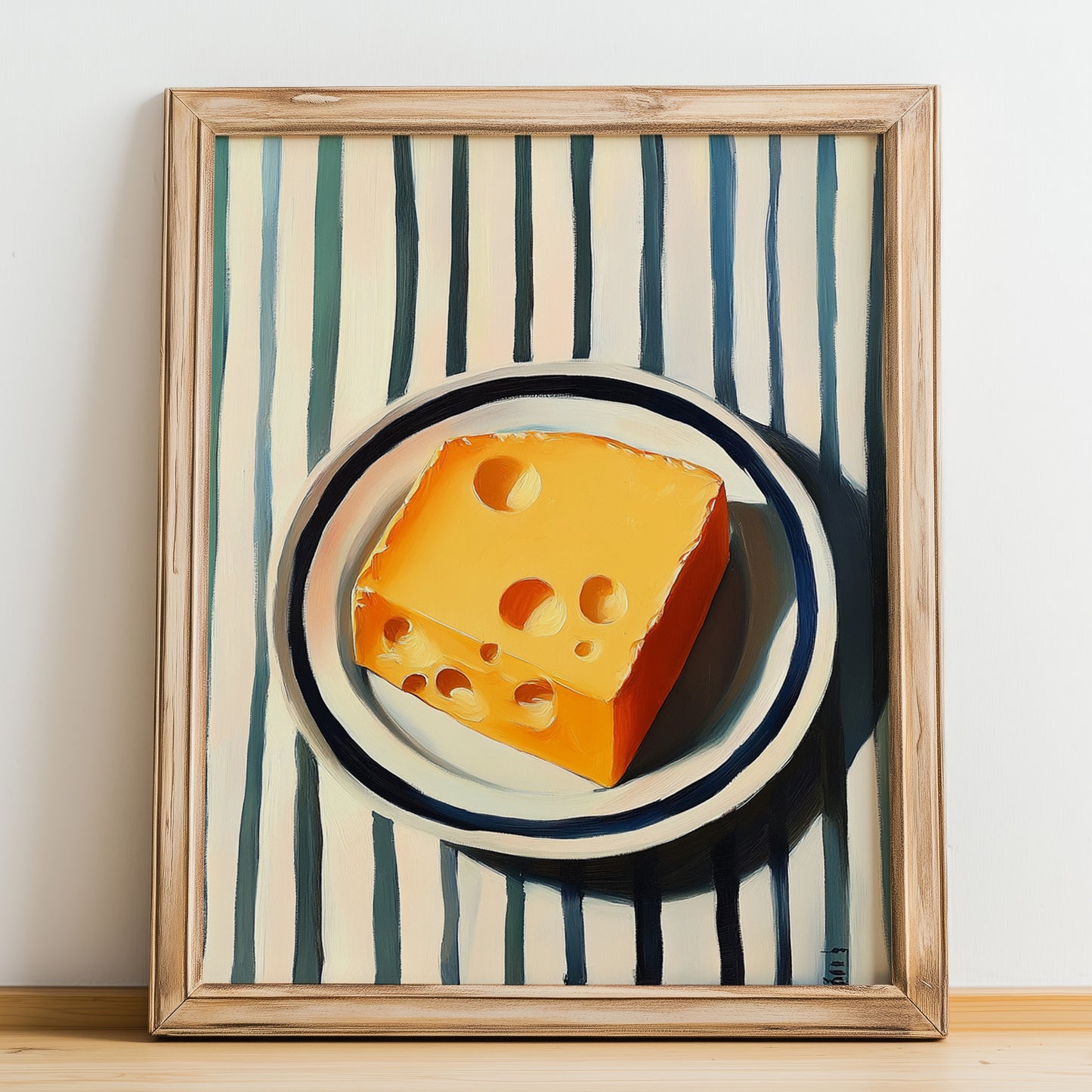 Cheddar – on Striped Tablecloth, Cheese Wall Painting, no-text version framed in wood