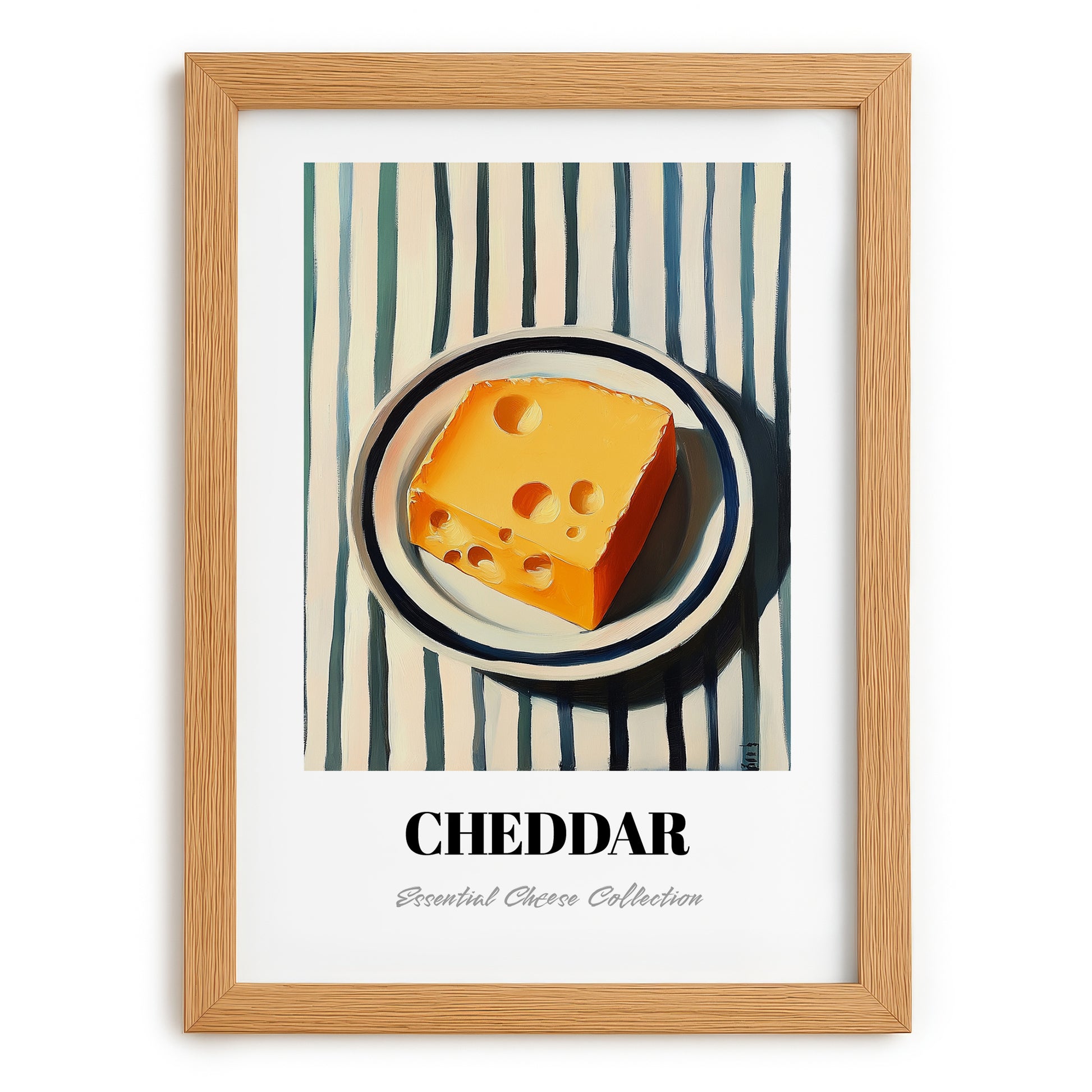 Cheddar – on Striped Tablecloth, Cheese Wall Painting, set in oak frame