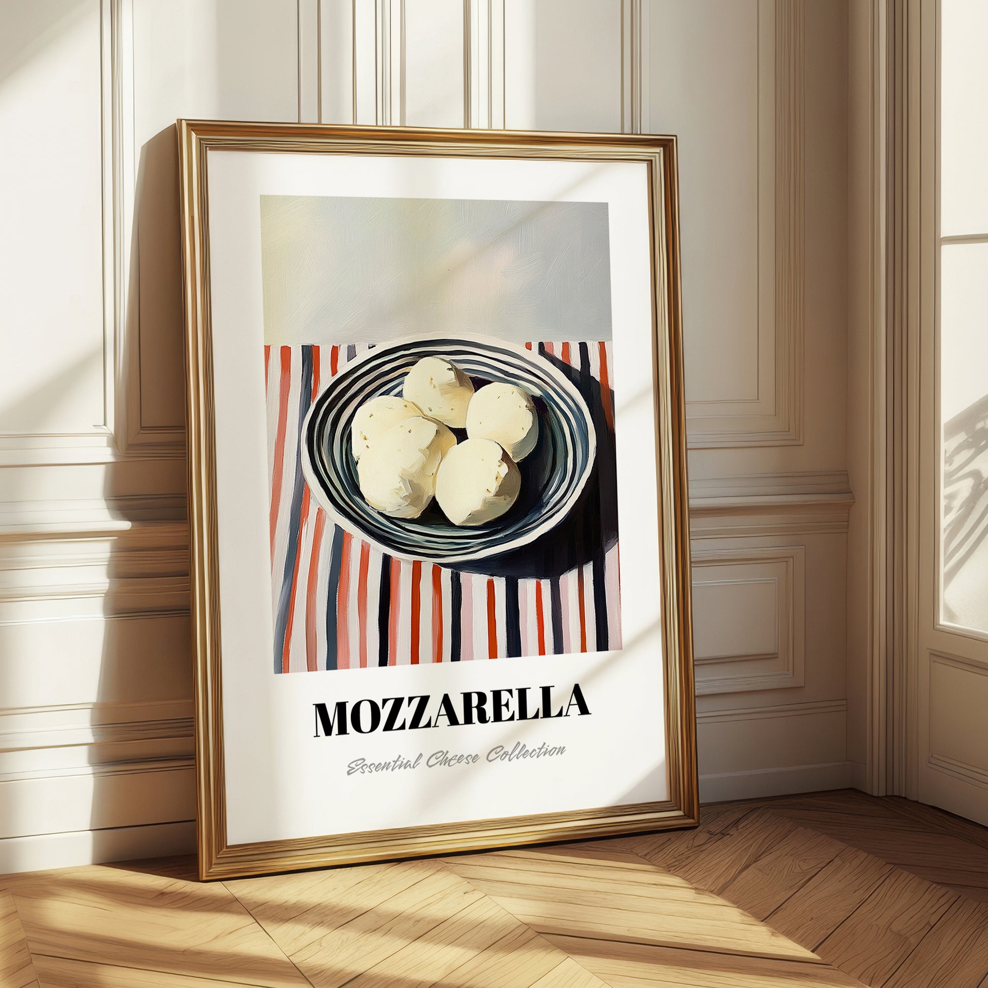 Mozzarella – on Striped Tablecloth, Cheese Wall Decor
