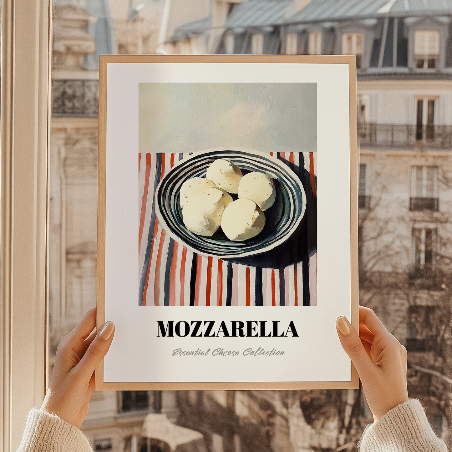 Mozzarella – on Striped Tablecloth, Cheese Wall Decor, styled in a charming Paris street view