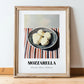 Mozzarella – on Striped Tablecloth, Cheese Wall Decor, in wooden frame leaning on the floor