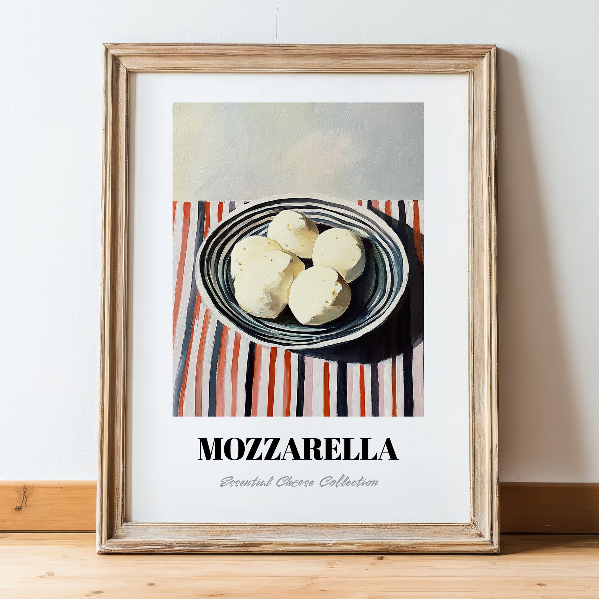 Mozzarella – on Striped Tablecloth, Cheese Wall Decor, in wooden frame leaning on the floor