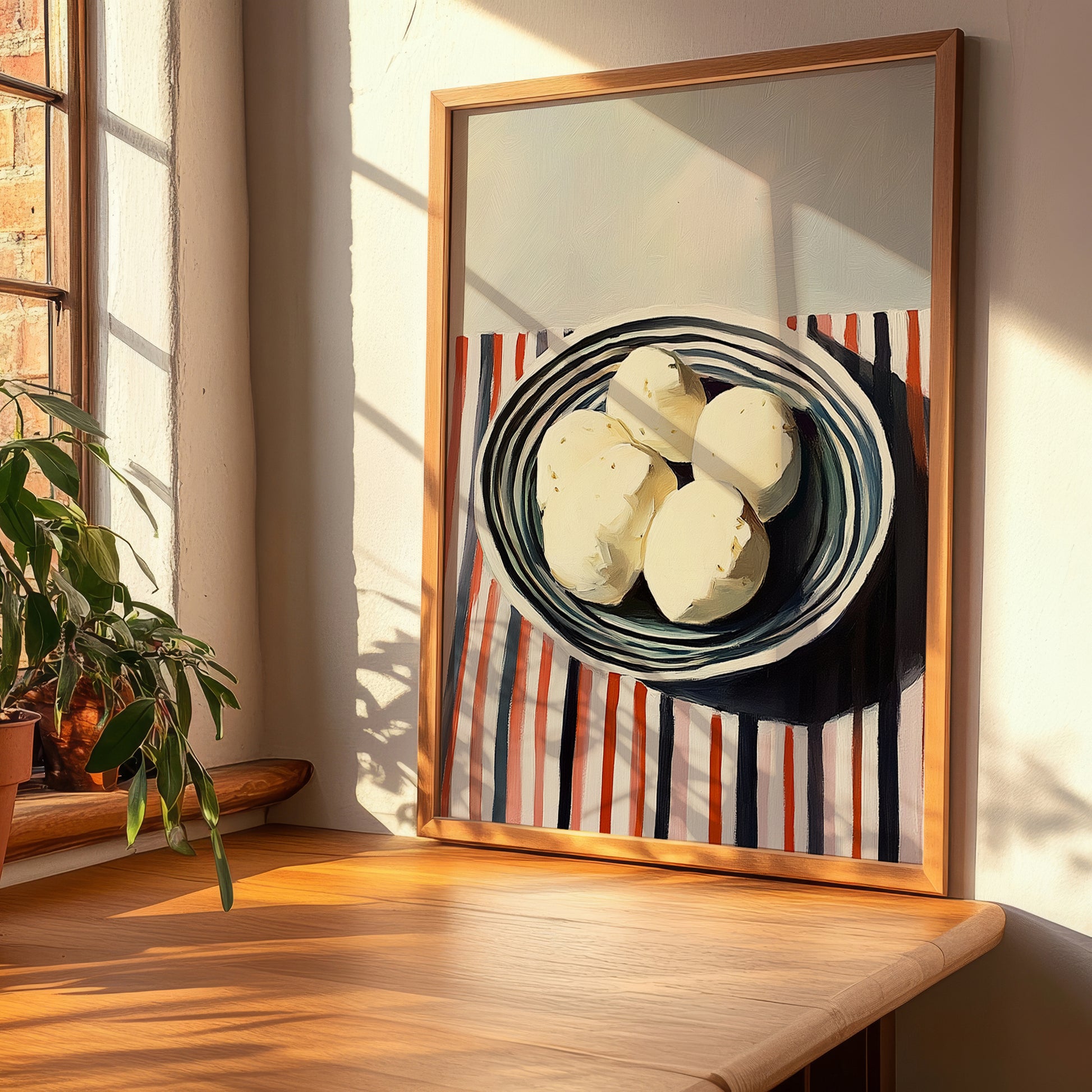 Mozzarella – on Striped Tablecloth, Cheese Wall Decor, clean layout with no caption