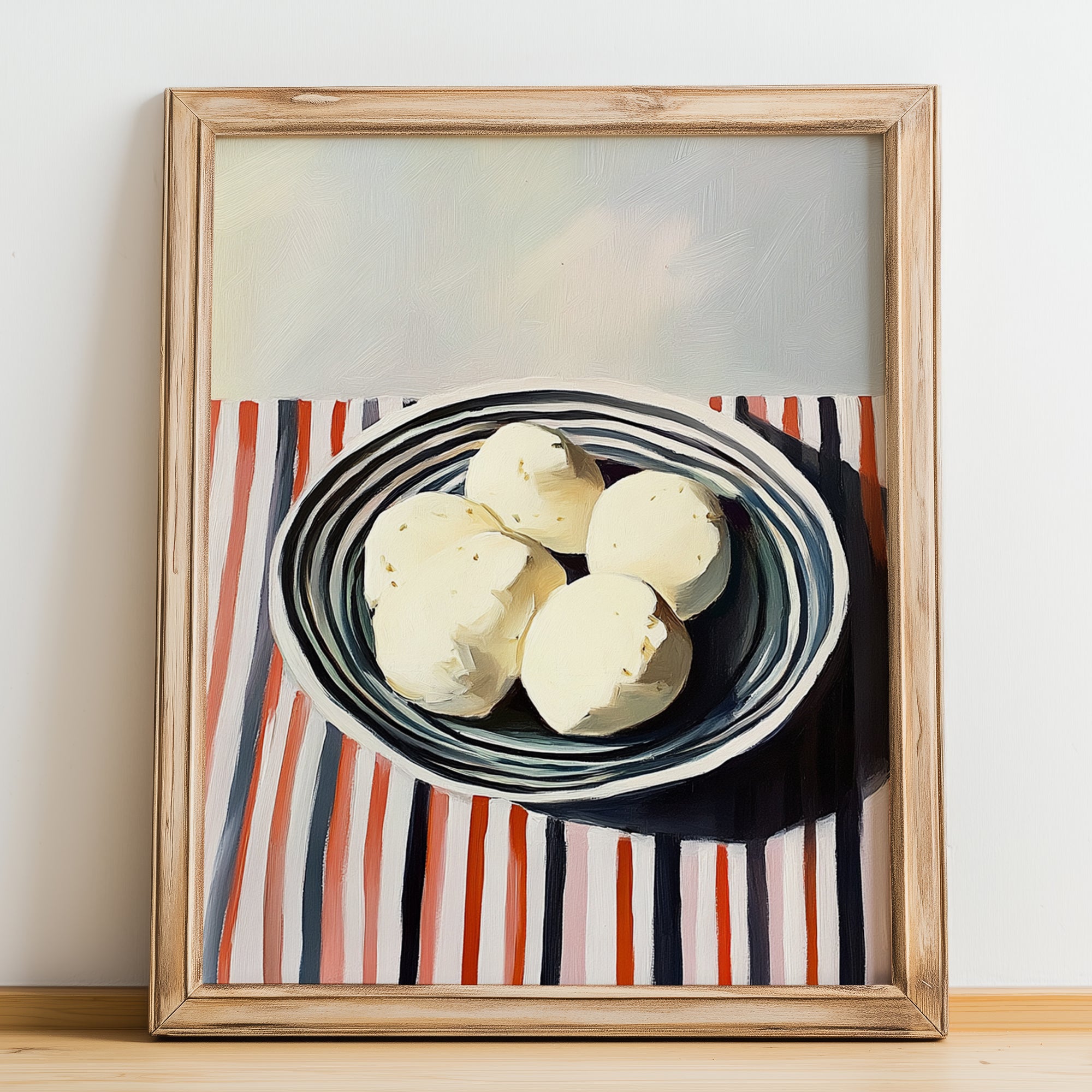 Mozzarella – on Striped Tablecloth, Cheese Wall Decor, no-text version framed in wood