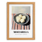 Mozzarella – on Striped Tablecloth, Cheese Wall Decor, set in oak frame