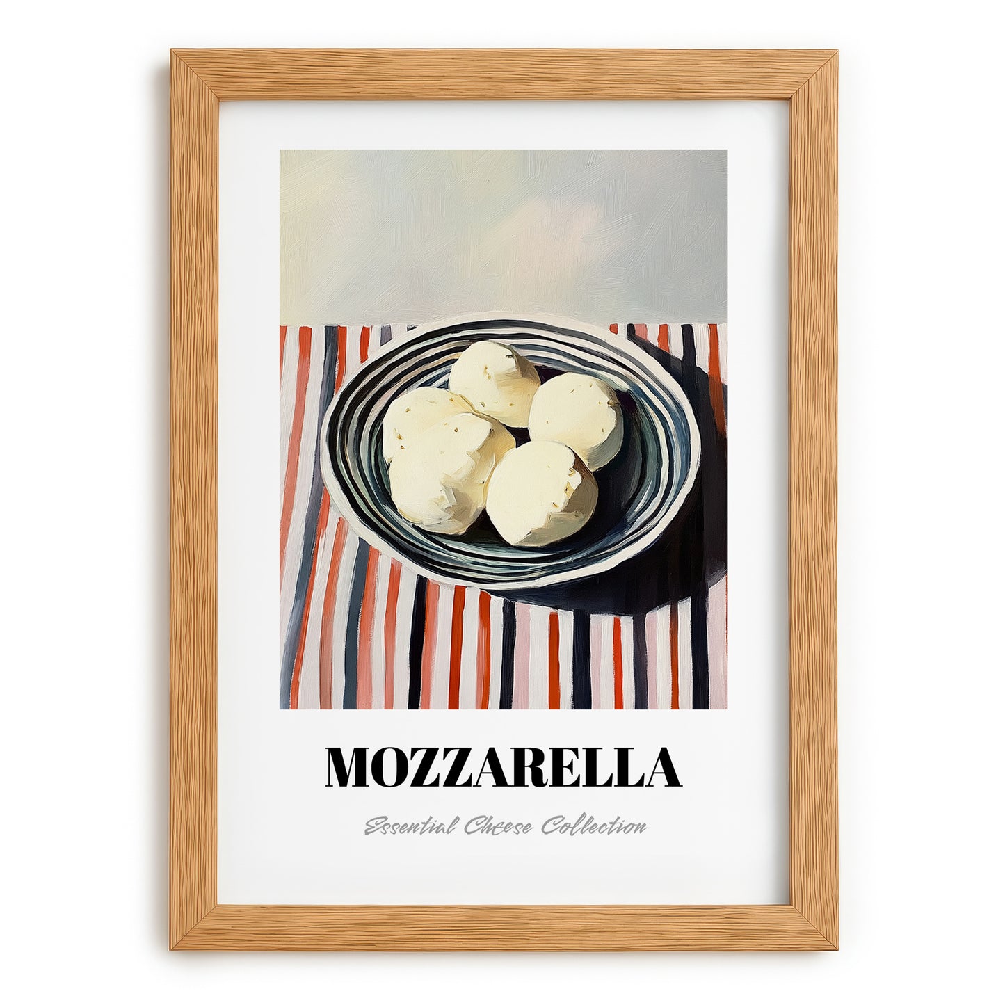 Mozzarella – on Striped Tablecloth, Cheese Wall Decor, set in oak frame