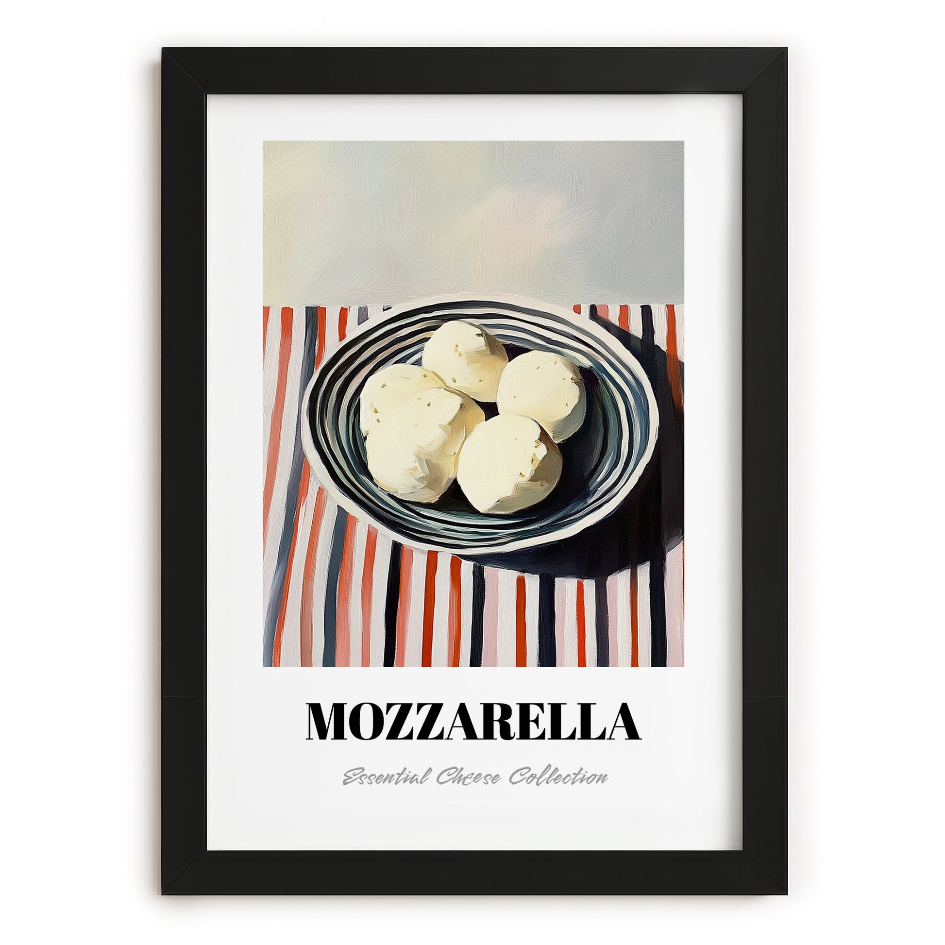 Mozzarella – on Striped Tablecloth, Cheese Wall Decor, in sleek black frame