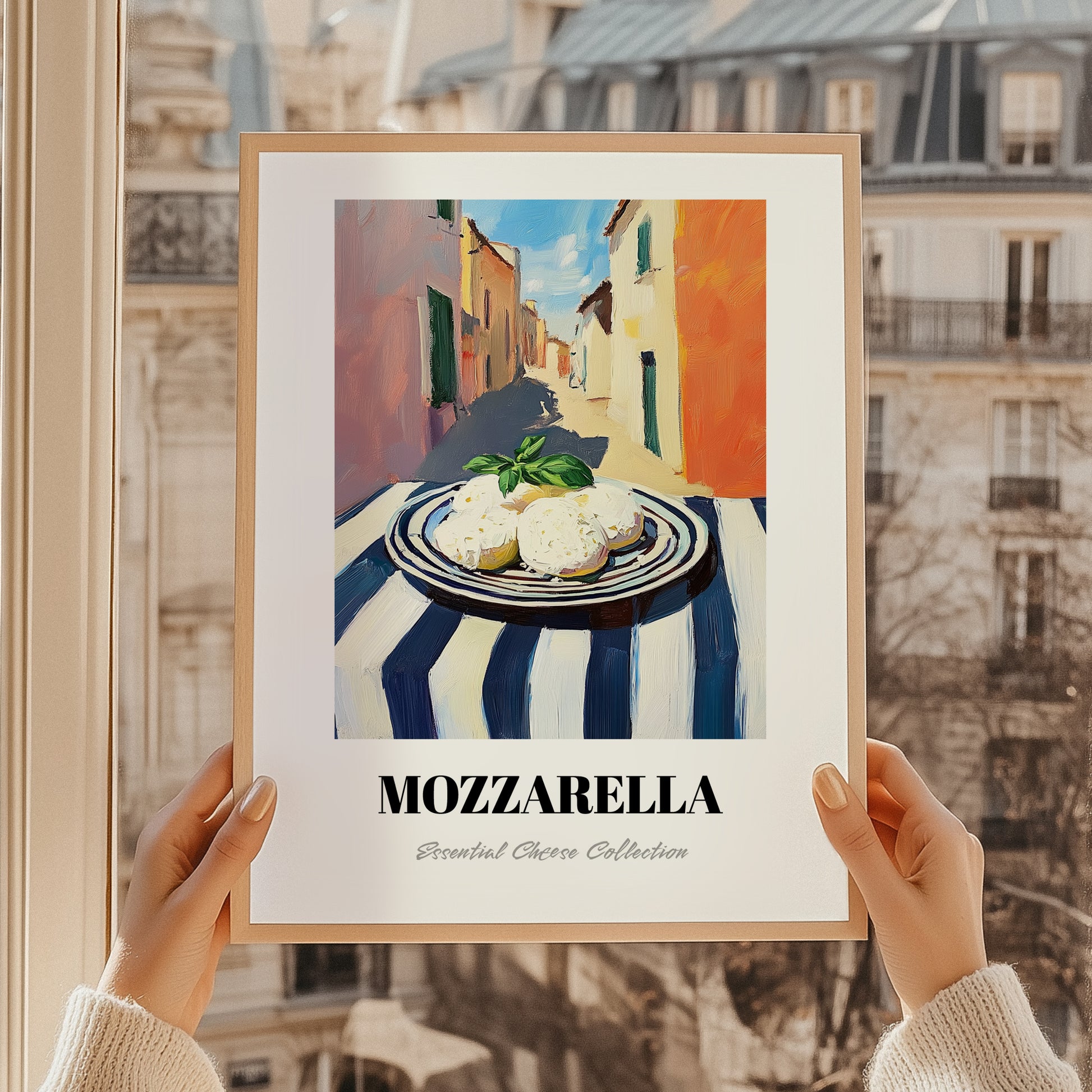 Mozzarella – Italian Urban Café Scene, Cheese Poster, styled in a charming Paris street view