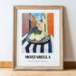 Mozzarella – Italian Urban Café Scene, Cheese Poster, in wooden frame leaning on the floor