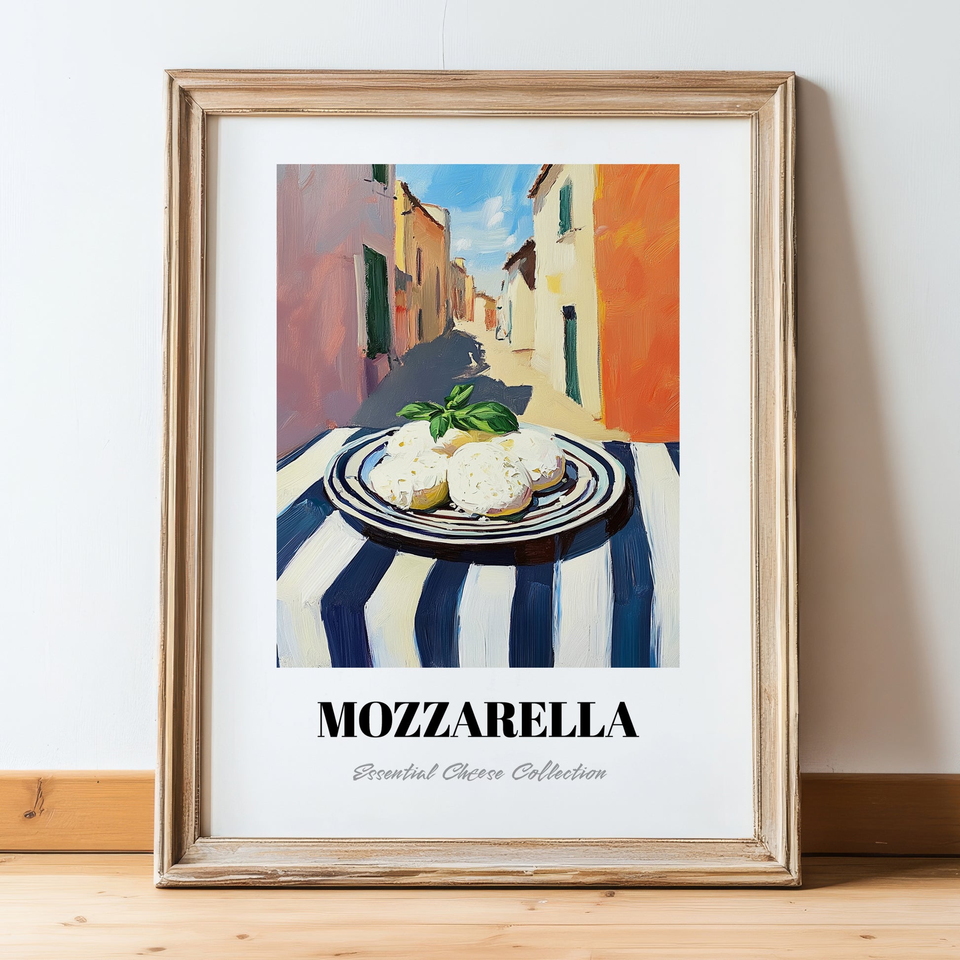 Mozzarella – Italian Urban Café Scene, Cheese Poster, in wooden frame leaning on the floor