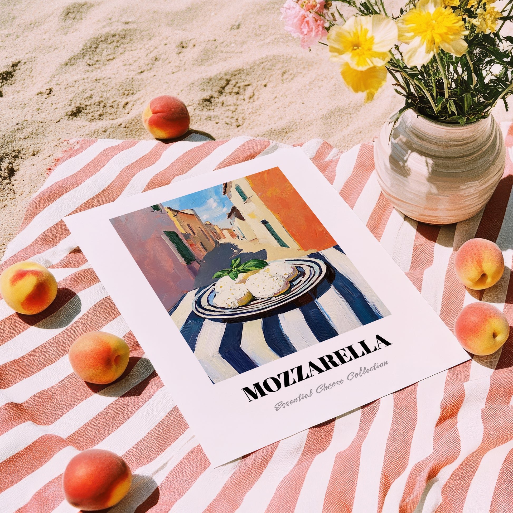 Mozzarella – Italian Urban Café Scene, Cheese Poster, unframed on coastal sand