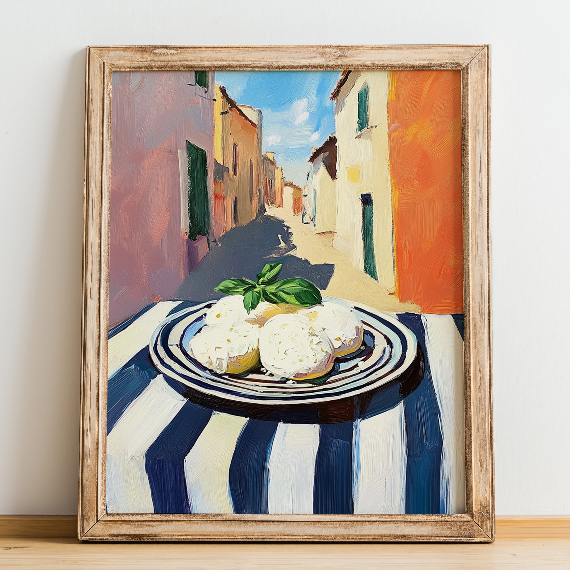 Mozzarella – Italian Urban Café Scene, Cheese Poster, no-text version framed in wood