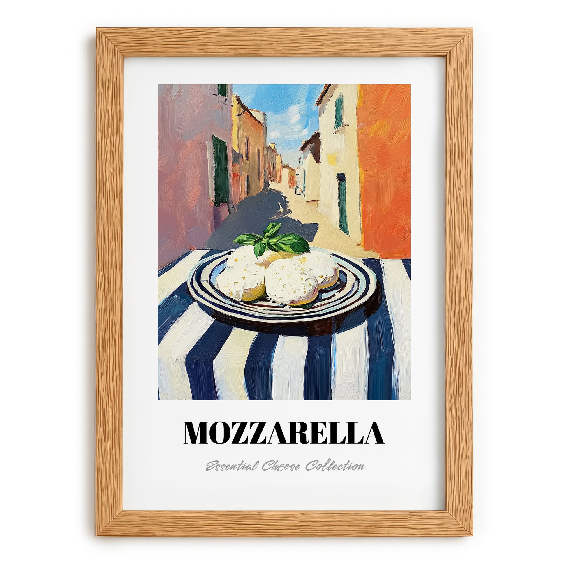 Mozzarella – Italian Urban Café Scene, Cheese Poster, set in oak frame