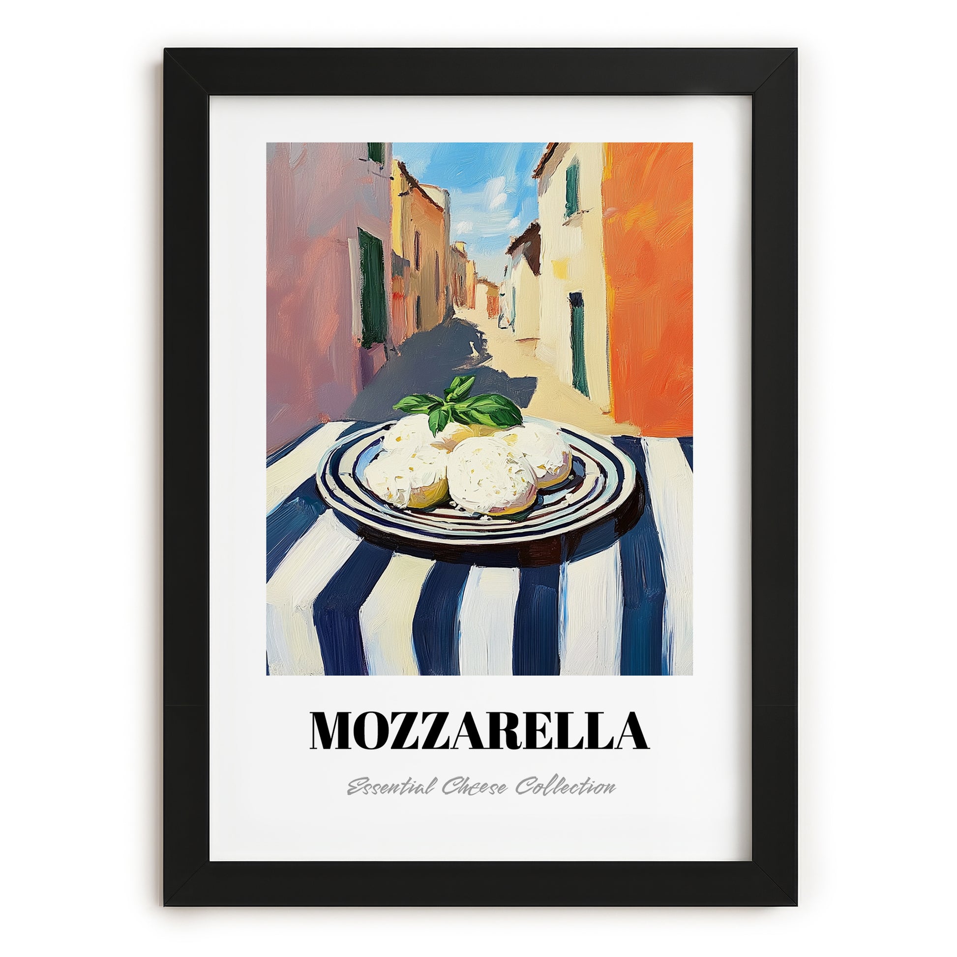 Mozzarella – Italian Urban Café Scene, Cheese Poster, in sleek black frame