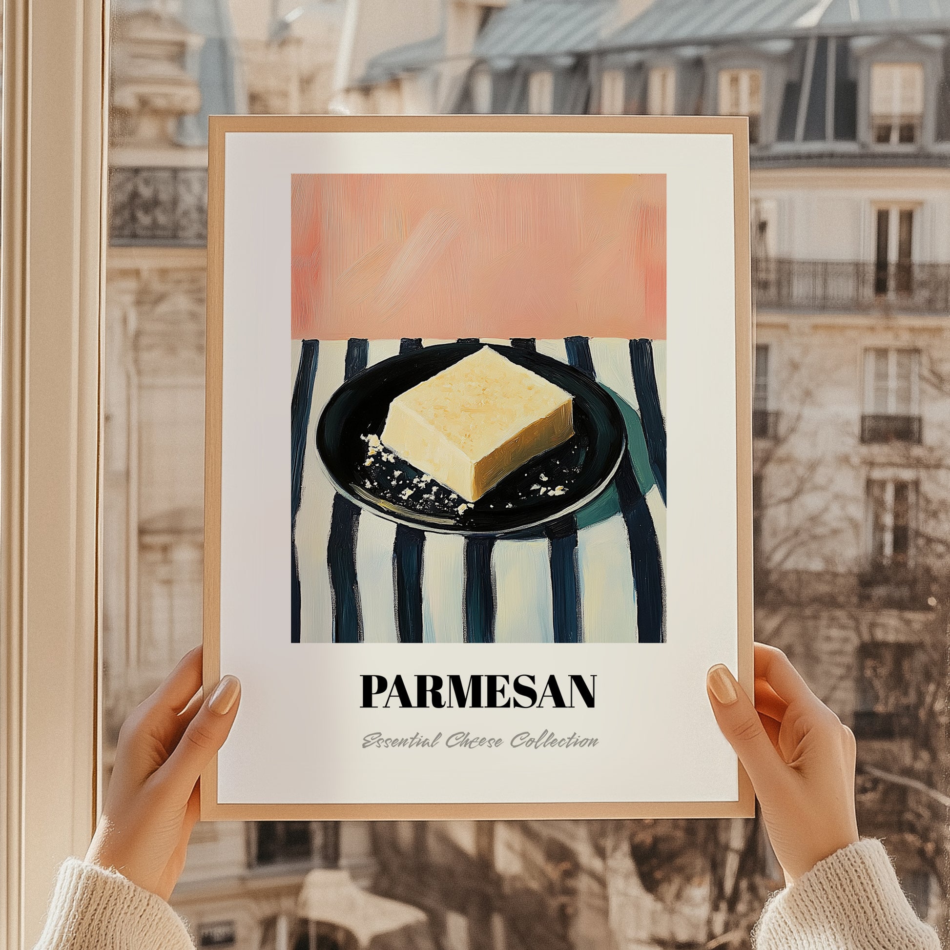 Parmesan – on Striped Tablecloth, Cheese Art, styled in a charming Paris street view