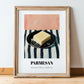Parmesan – on Striped Tablecloth, Cheese Art, in wooden frame leaning on the floor