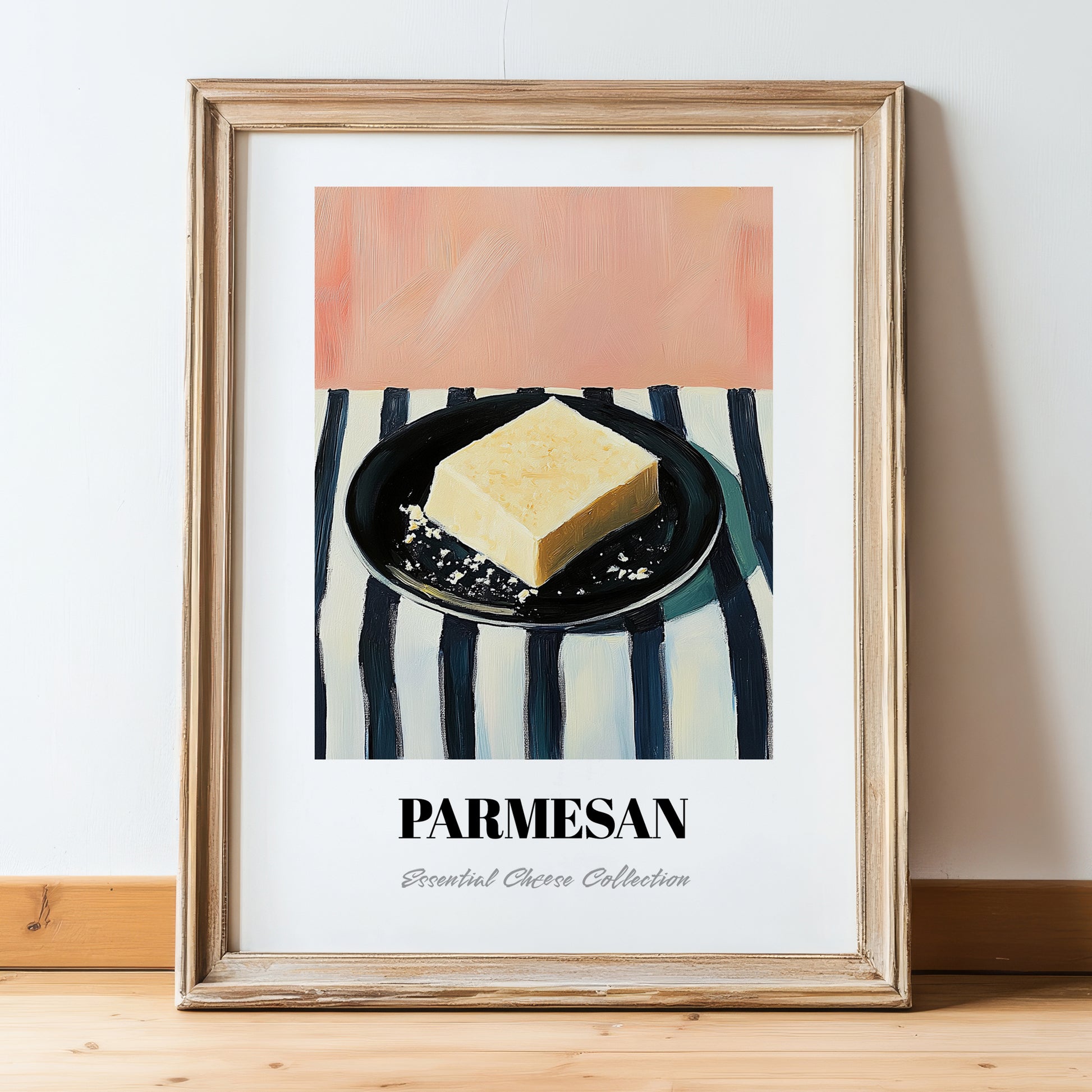 Parmesan – on Striped Tablecloth, Cheese Art, in wooden frame leaning on the floor