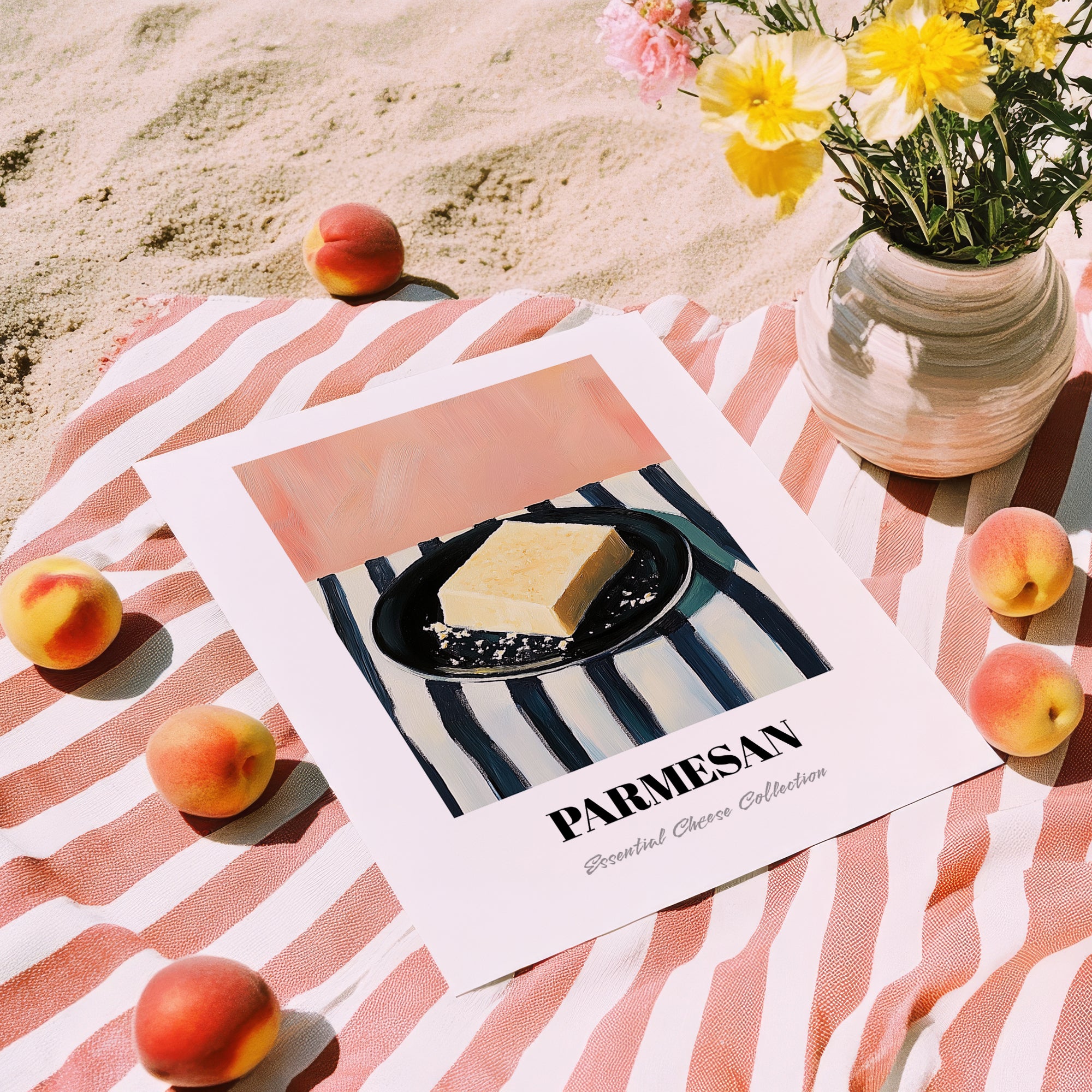 Parmesan – on Striped Tablecloth, Cheese Art, unframed on coastal sand