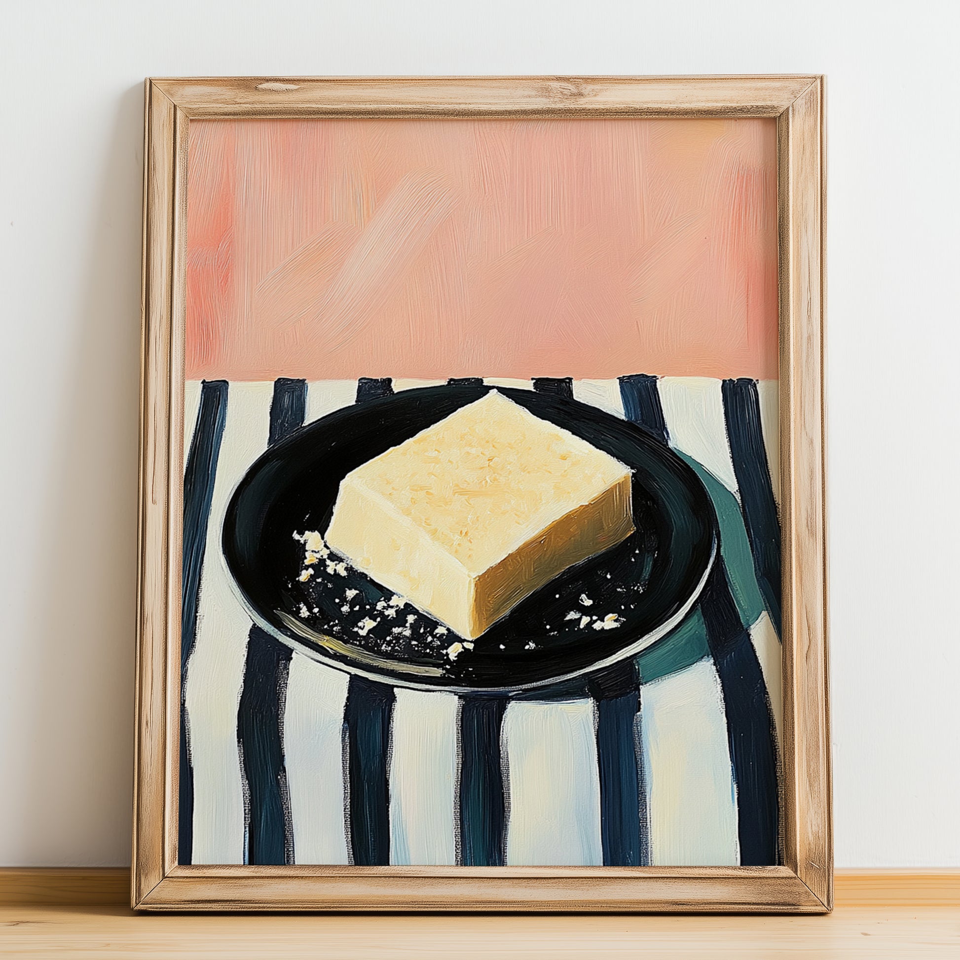 Parmesan – on Striped Tablecloth, Cheese Art, no-text version framed in wood