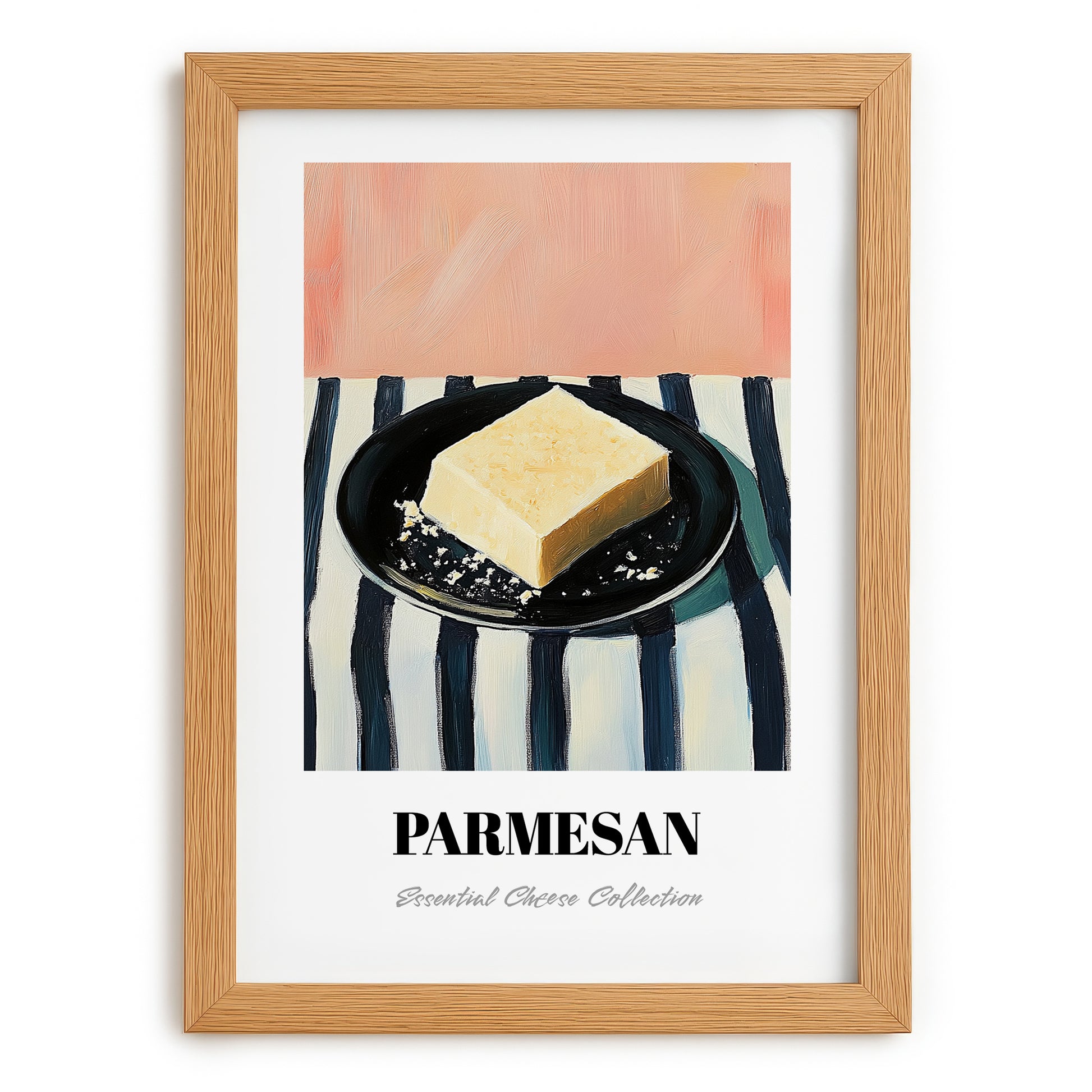 Parmesan – on Striped Tablecloth, Cheese Art, set in oak frame