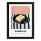 Parmesan – on Striped Tablecloth, Cheese Art, in sleek black frame