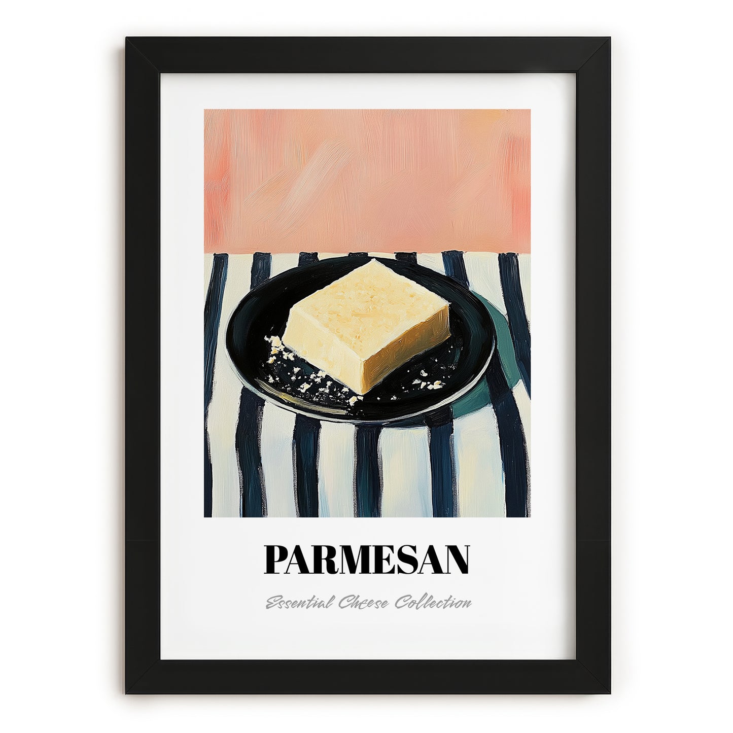 Parmesan – on Striped Tablecloth, Cheese Art, in sleek black frame