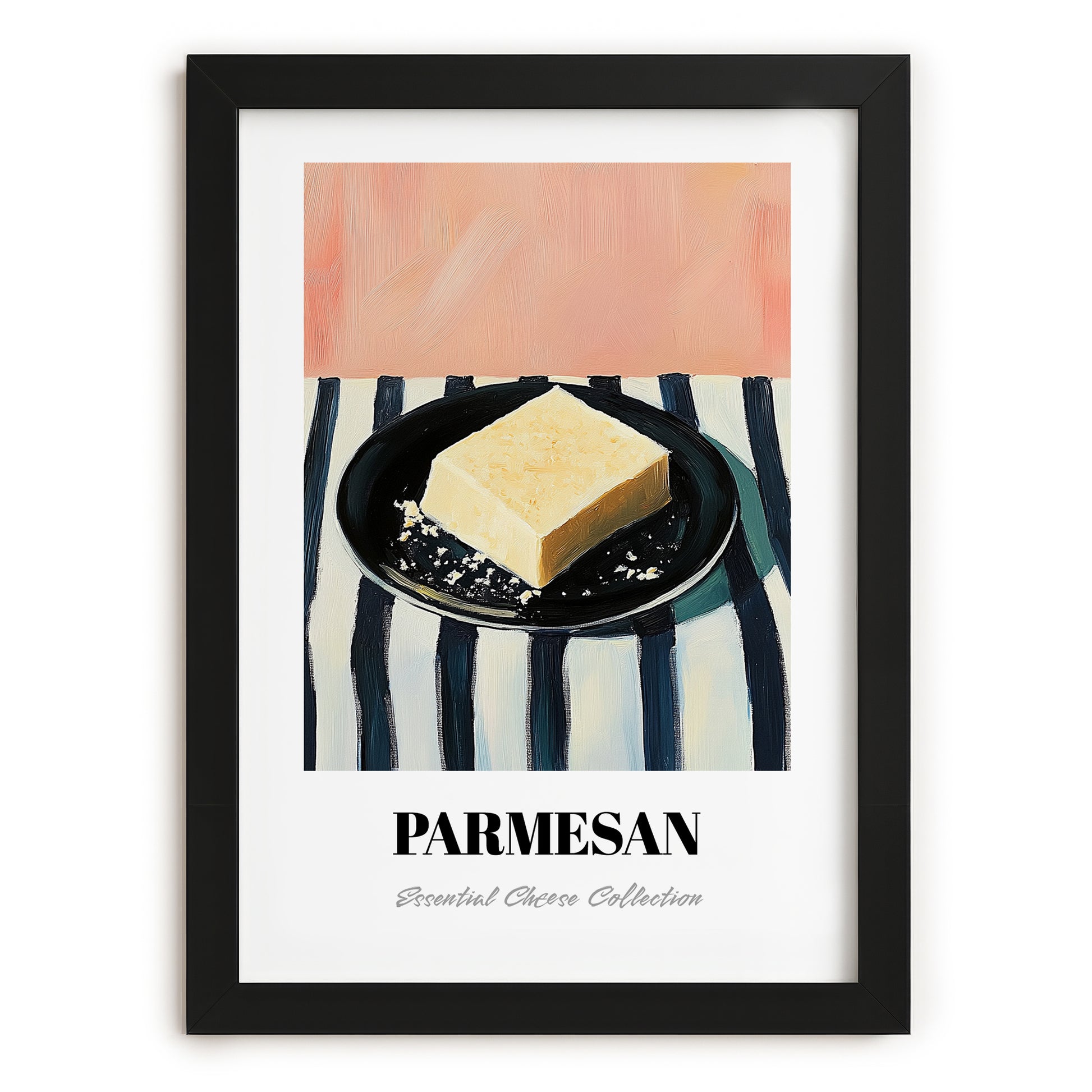 Parmesan – on Striped Tablecloth, Cheese Art, in sleek black frame