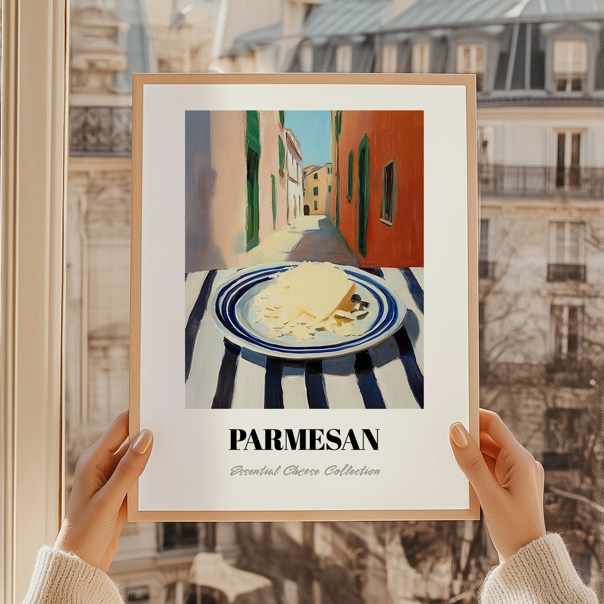 Parmesan – Italian Outdoor Café Scene, Cheese Illustration, styled in a charming Paris street view