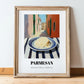 Parmesan – Italian Outdoor Café Scene, Cheese Illustration, in wooden frame leaning on the floor