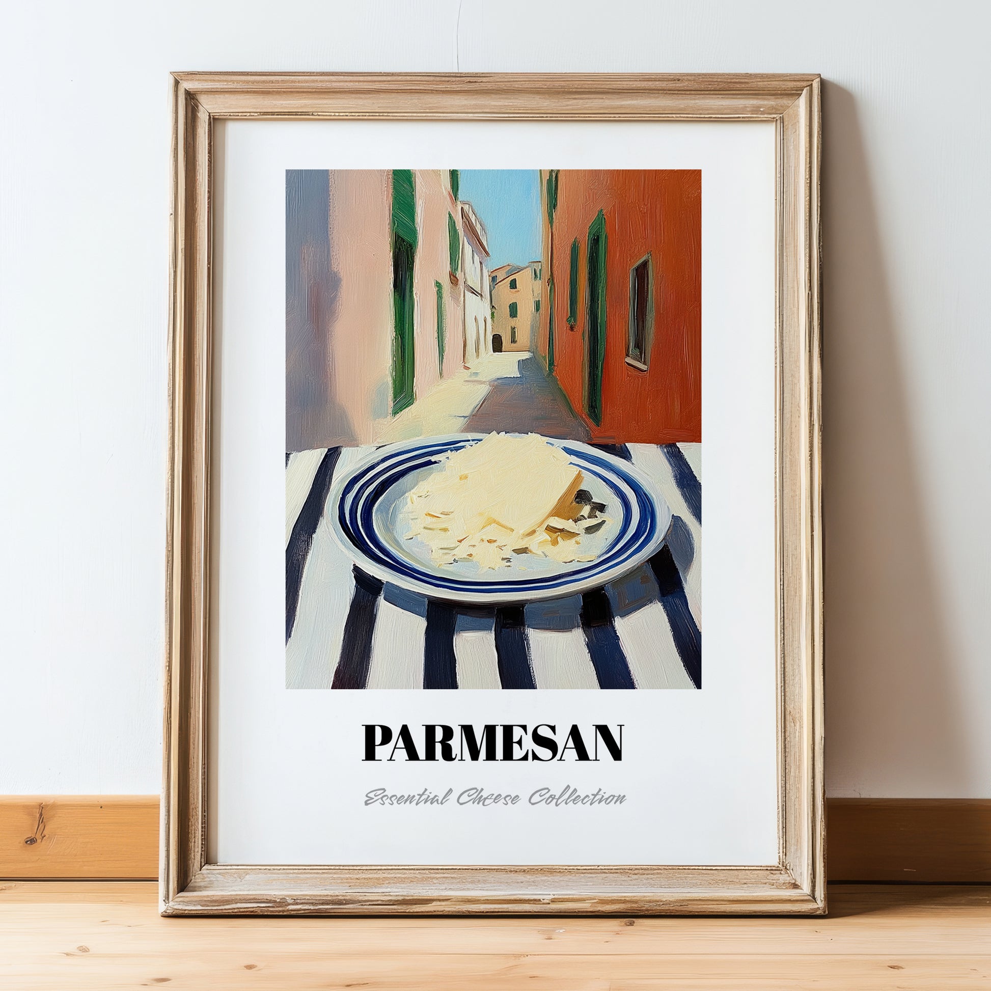 Parmesan – Italian Outdoor Café Scene, Cheese Illustration, in wooden frame leaning on the floor