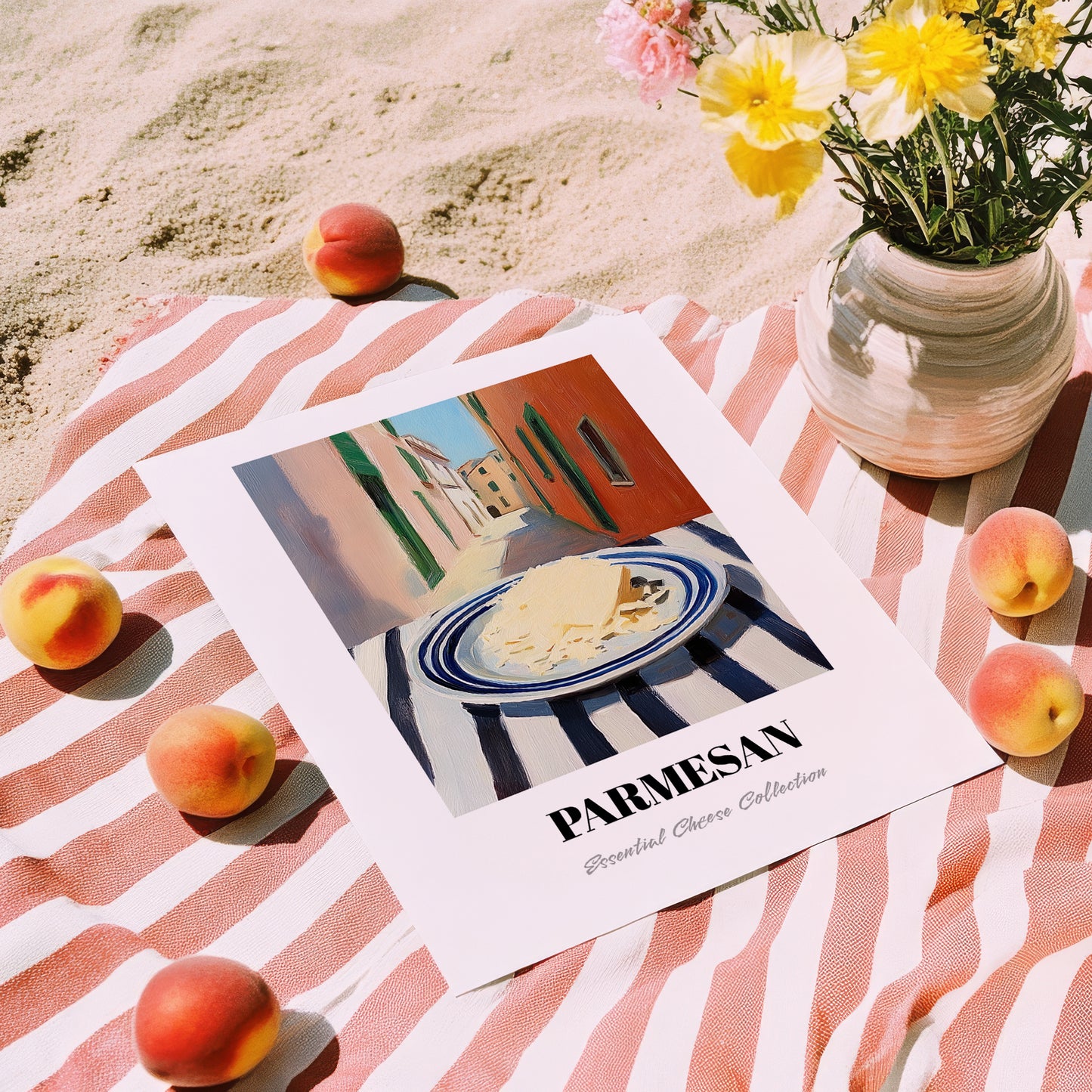 Parmesan – Italian Outdoor Café Scene, Cheese Illustration, unframed on coastal sand