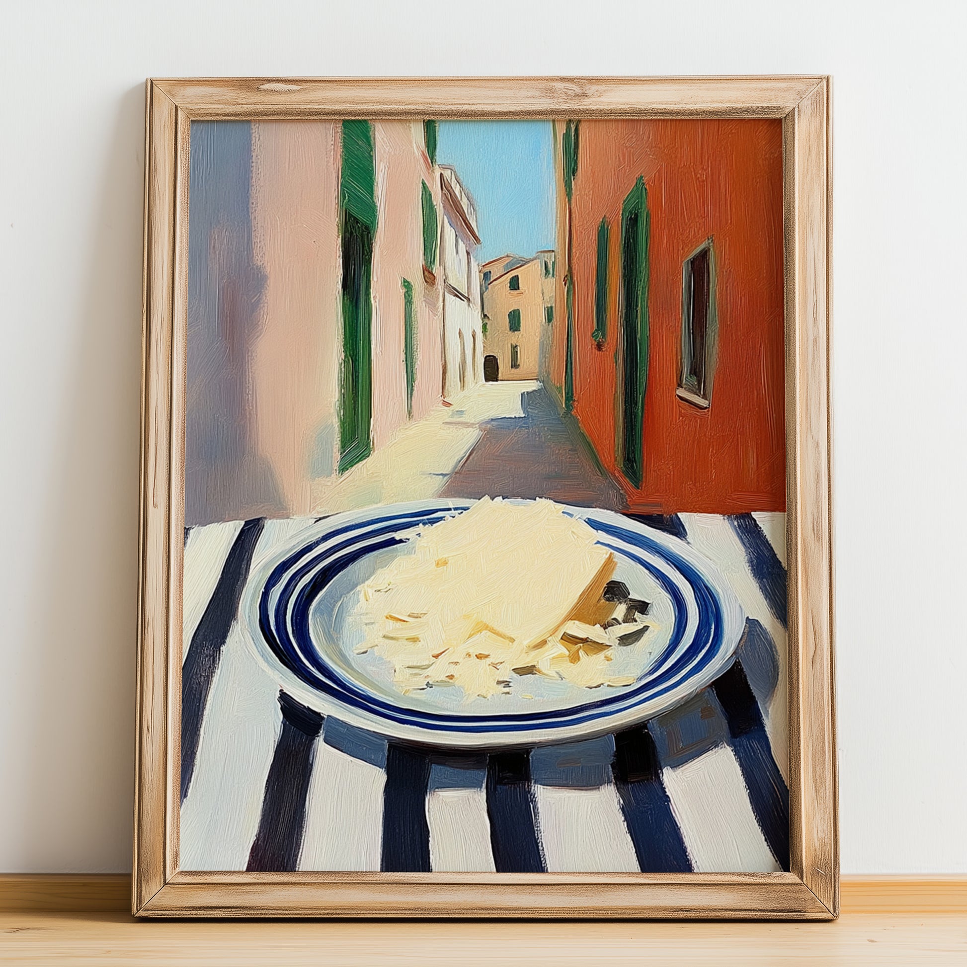 Parmesan – Italian Outdoor Café Scene, Cheese Illustration, no-text version framed in wood