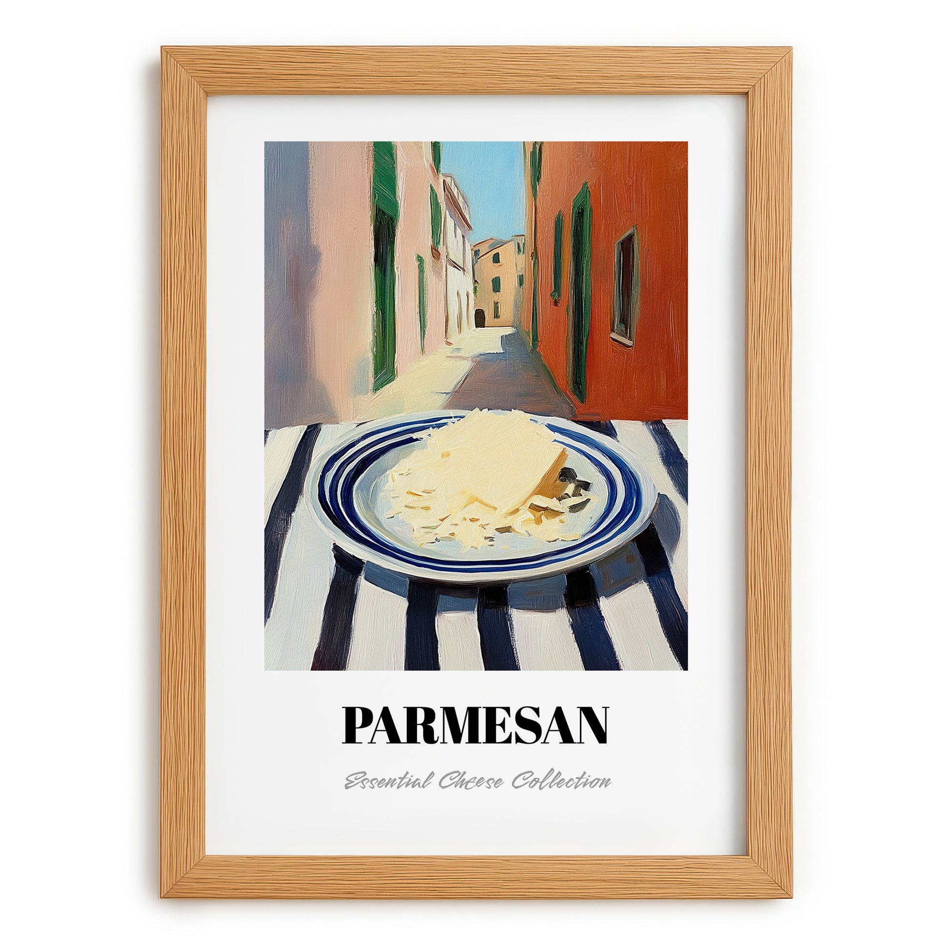 Parmesan – Italian Outdoor Café Scene, Cheese Illustration, set in oak frame
