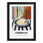 Parmesan – Italian Outdoor Café Scene, Cheese Illustration, in sleek black frame