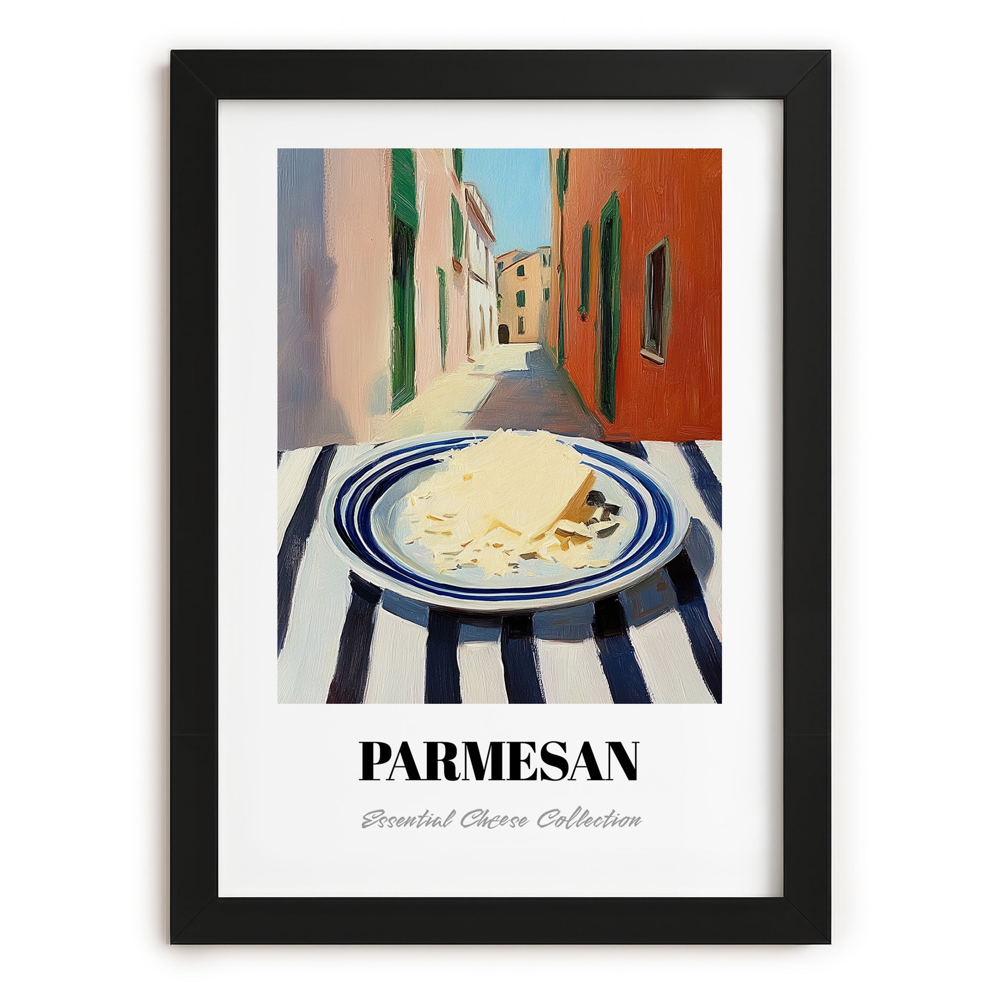 Parmesan – Italian Outdoor Café Scene, Cheese Illustration, in sleek black frame
