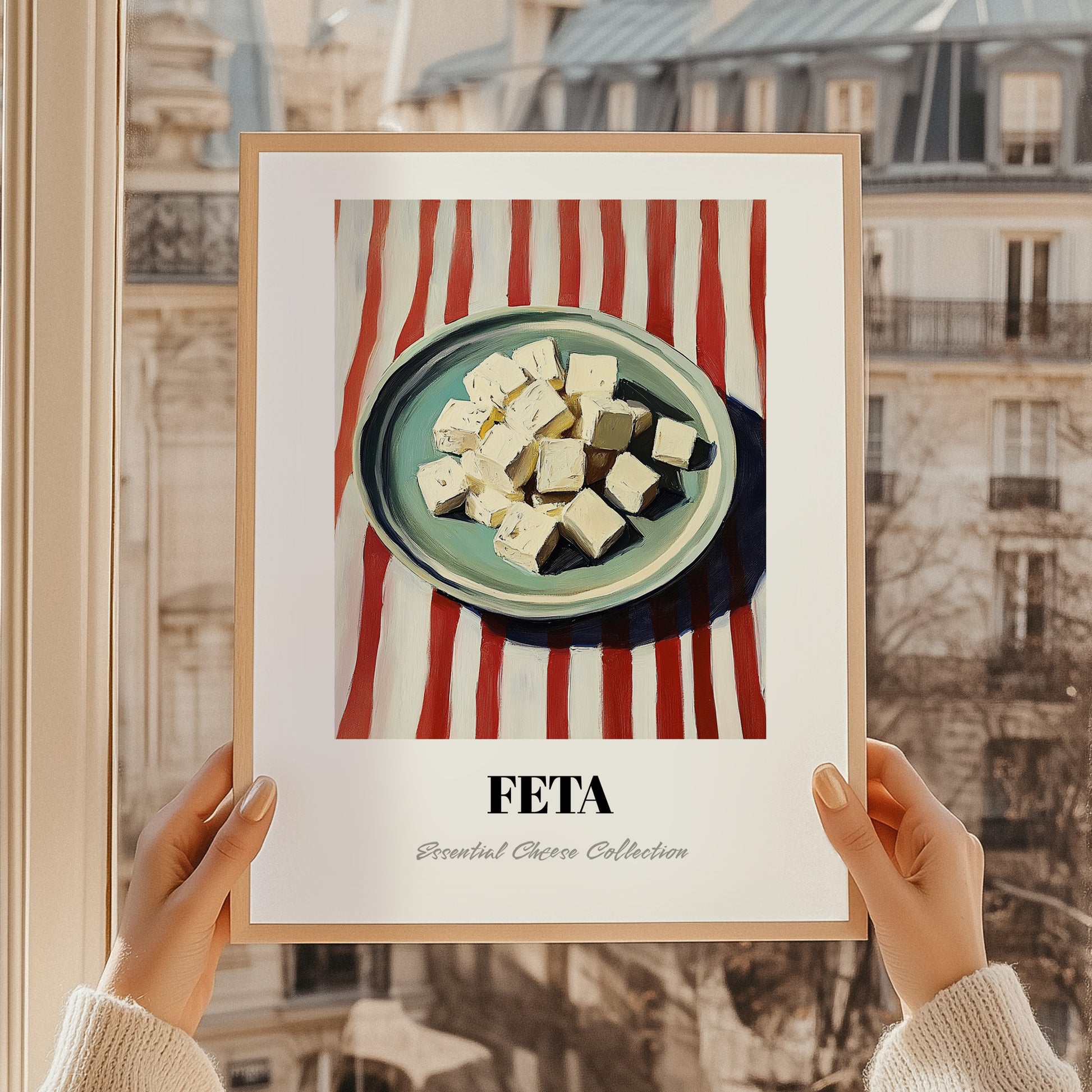 Feta – on Striped Tablecloth, Cheese Print, styled in a charming Paris street view